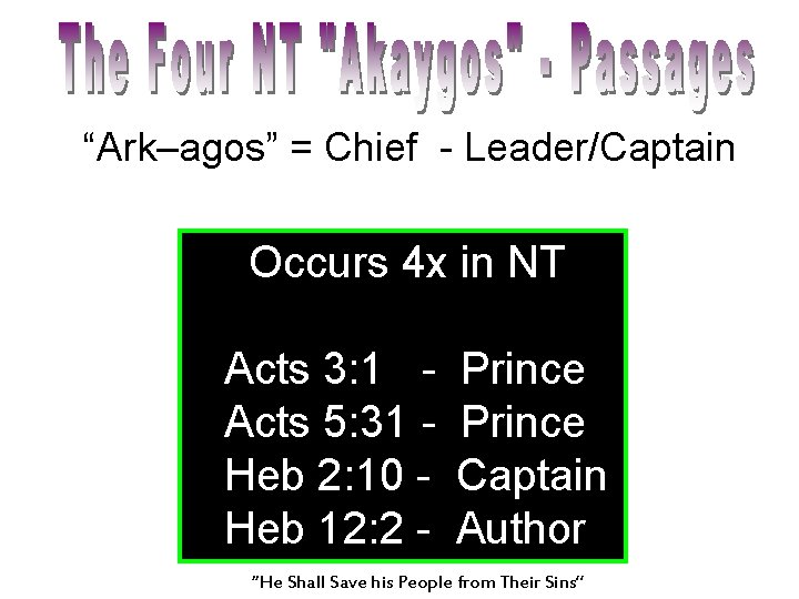 “Ark–agos” = Chief - Leader/Captain Occurs 4 x in NT Acts 3: 1 Acts