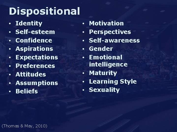 Dispositional • • • Identity Self-esteem Confidence Aspirations Expectations Preferences Attitudes Assumptions Beliefs (Thomas