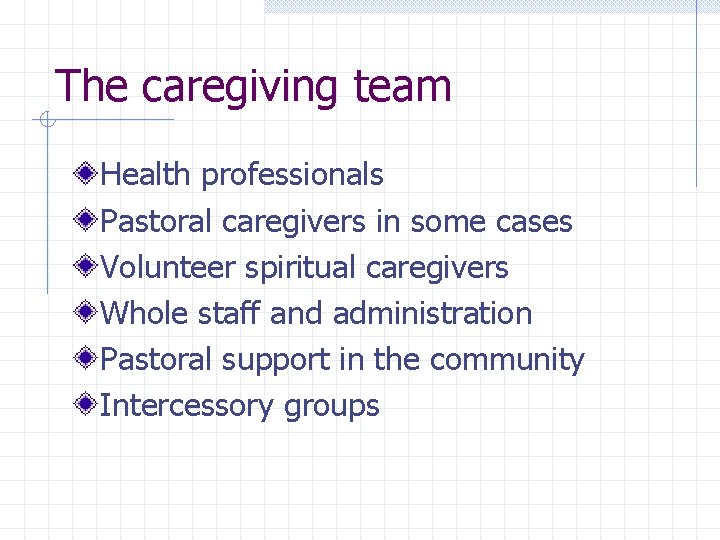 The caregiving team Health professionals Pastoral caregivers in some cases Volunteer spiritual caregivers Whole The caregiving team Health professionals Pastoral caregivers in some cases Volunteer spiritual caregivers Whole
