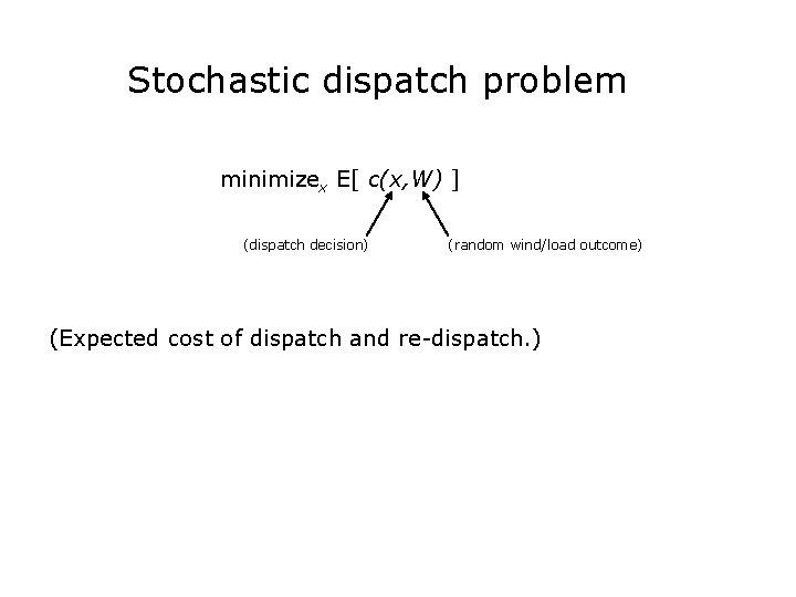 Stochastic dispatch problem minimizex E[ c(x, W) ] (dispatch decision) (random wind/load outcome) (Expected