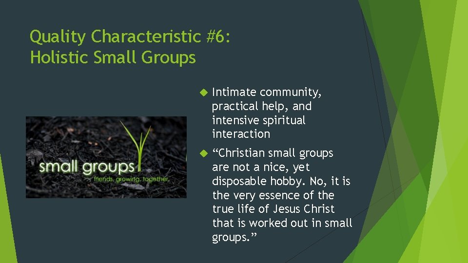 Quality Characteristic #6: Holistic Small Groups Intimate community, practical help, and intensive spiritual interaction