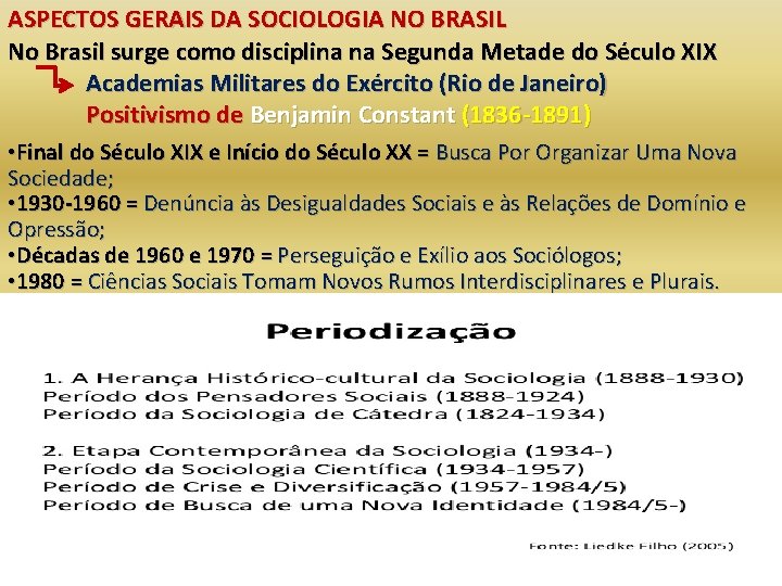 ASPECTOS GERAIS DA SOCIOLOGIA NO BRASIL No Brasil surge como disciplina na Segunda Metade