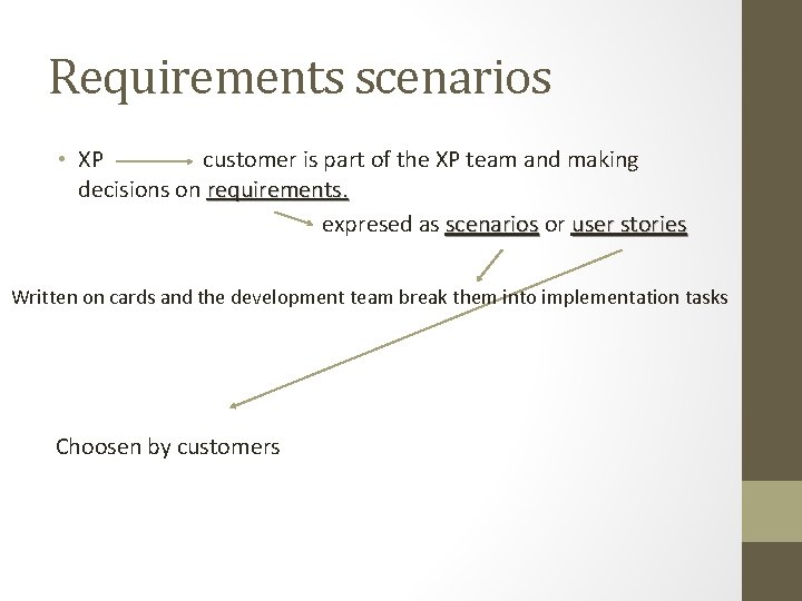 Requirements scenarios • XP customer is part of the XP team and making decisions