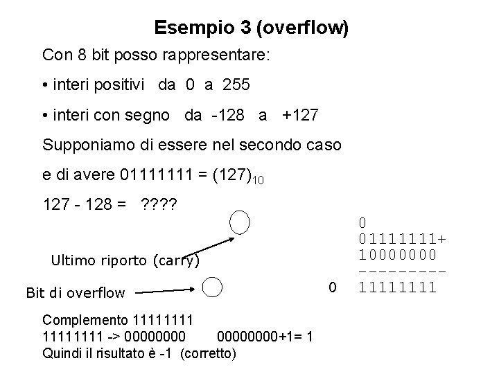 Esempio 3 (overflow) Con 8 bit posso rappresentare: • interi positivi da 0 a