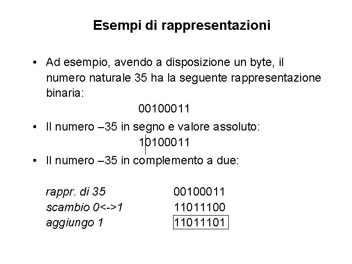 Esempi di rappresentazioni • Ad esempio, avendo a disposizione un byte, il numero naturale