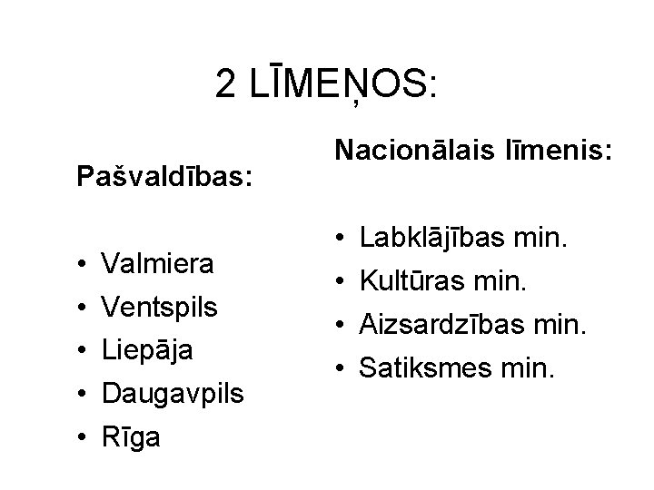 2 LĪMEŅOS: Pašvaldības: • • • Valmiera Ventspils Liepāja Daugavpils Rīga Nacionālais līmenis: •