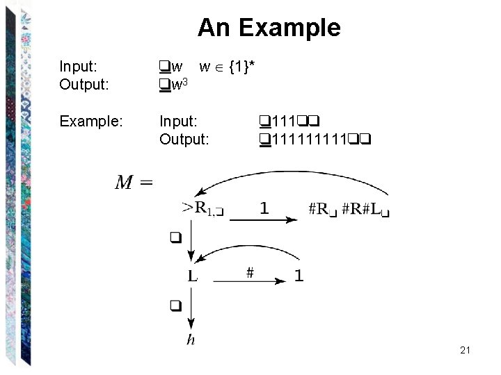 An Example Input: Output: qw w {1}* qw 3 Example: Input: Output: q 111 An Example Input: Output: qw w {1}* qw 3 Example: Input: Output: q 111