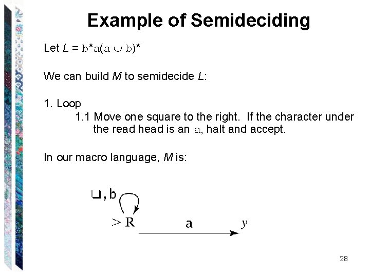 Example of Semideciding Let L = b*a(a b)* We can build M to semidecide Example of Semideciding Let L = b*a(a b)* We can build M to semidecide