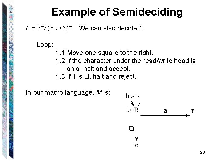 Example of Semideciding L = b*a(a b)*. We can also decide L: Loop: 1. Example of Semideciding L = b*a(a b)*. We can also decide L: Loop: 1.