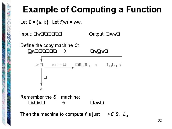 Example of Computing a Function Let = {a, b}. Let f(w) = ww. Input: Example of Computing a Function Let = {a, b}. Let f(w) = ww. Input: