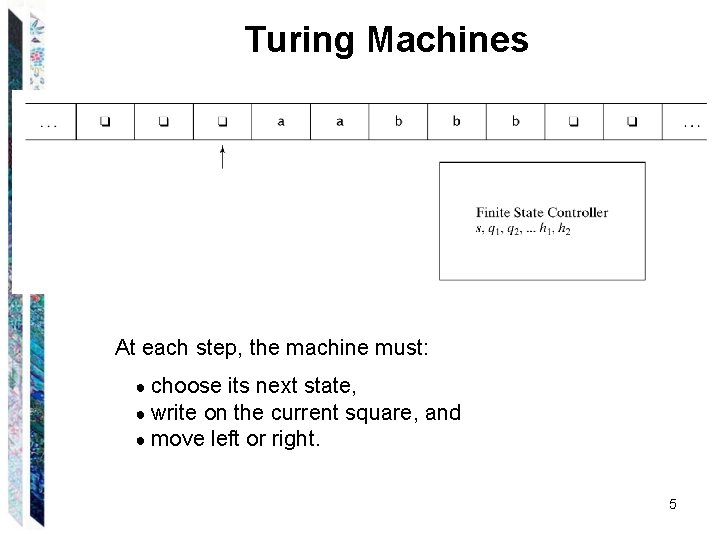 Turing Machines At each step, the machine must: ● choose its next state, ● Turing Machines At each step, the machine must: ● choose its next state, ●