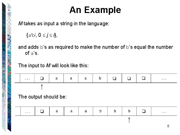 An Example M takes as input a string in the language: {aibj, 0 j An Example M takes as input a string in the language: {aibj, 0 j