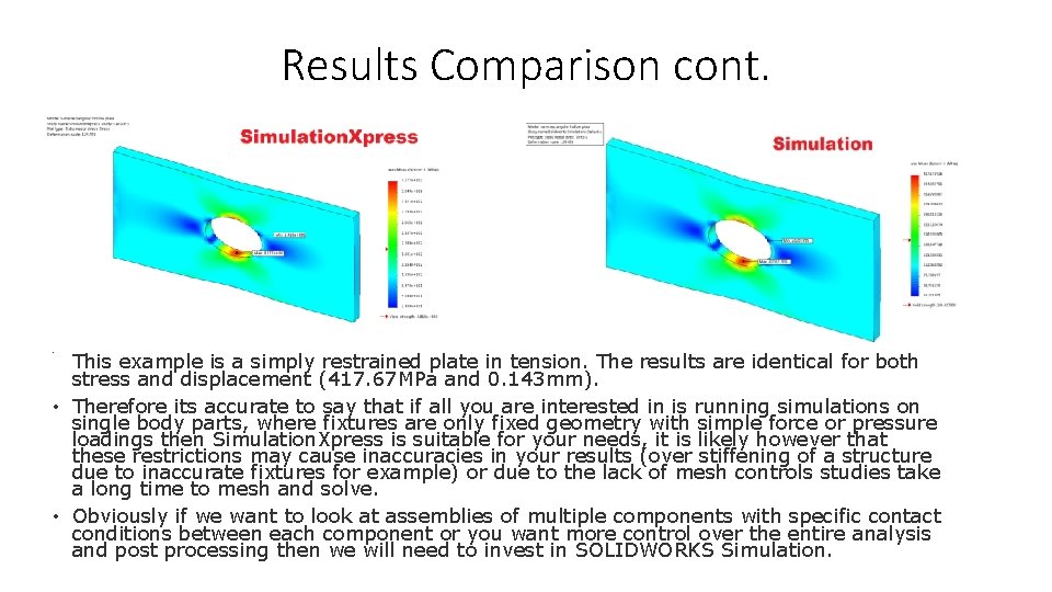 Results Comparison cont. This example is a simply restrained plate in tension. The results