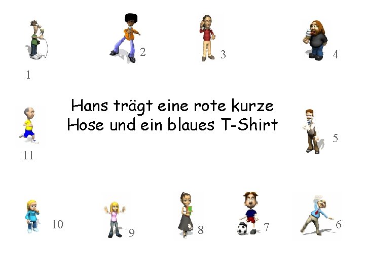 2 3 4 1 Hans trägt eine rote kurze Hose und ein blaues T-Shirt
