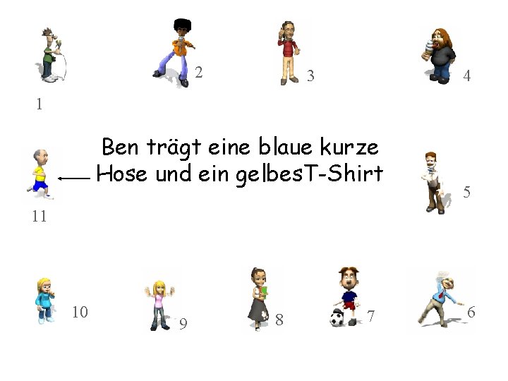 2 3 4 1 Ben trägt eine blaue kurze Hose und ein gelbes. T-Shirt