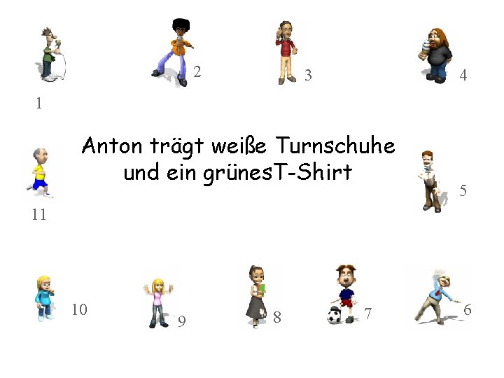 2 3 4 1 Anton trägt weiße Turnschuhe und ein grünes. T-Shirt 5 11