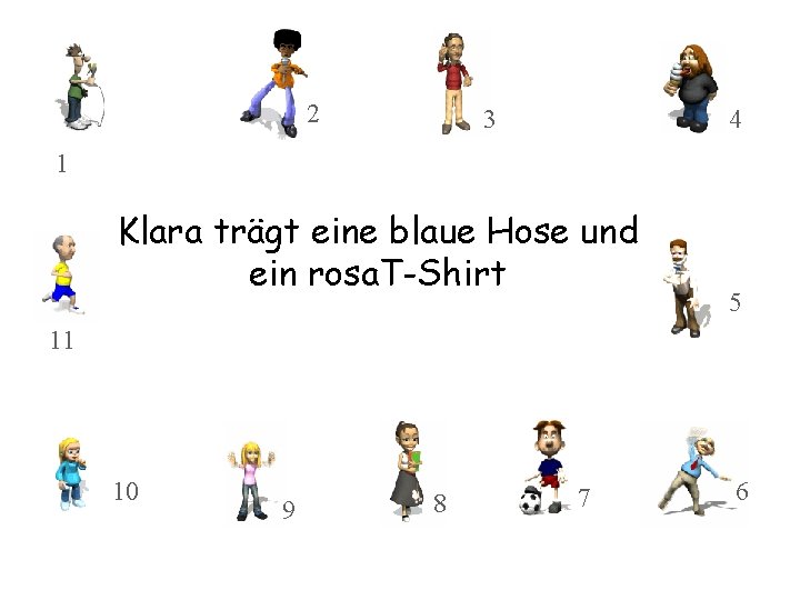 2 3 4 1 Klara trägt eine blaue Hose und ein rosa. T-Shirt 5