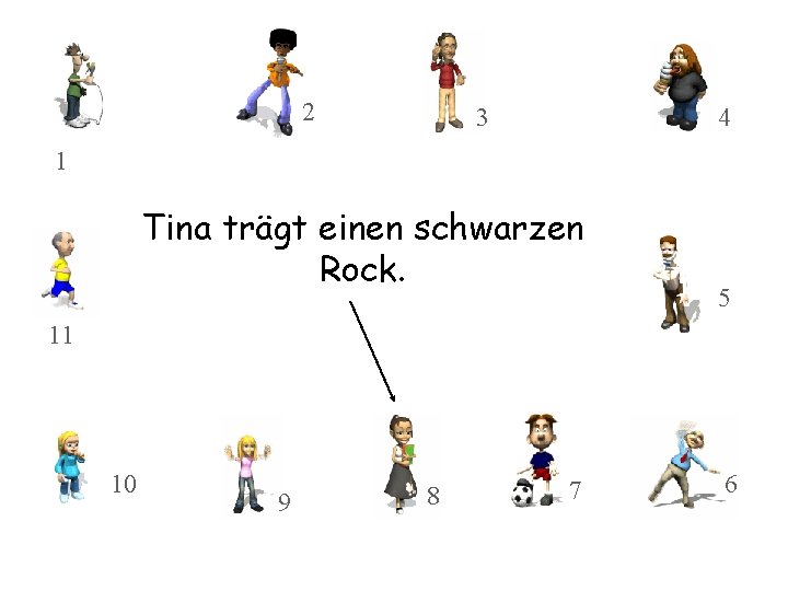 2 3 4 1 Tina trägt einen schwarzen Rock. 5 11 10 9 8