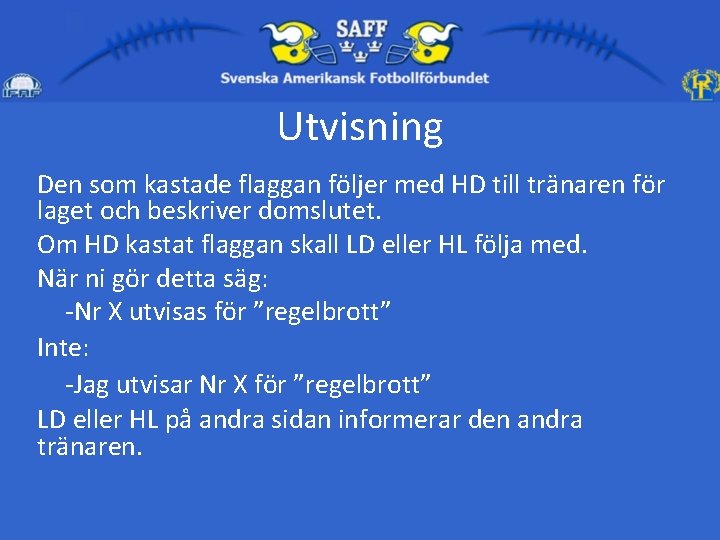 Utvisning Den som kastade flaggan följer med HD till tränaren för laget och beskriver