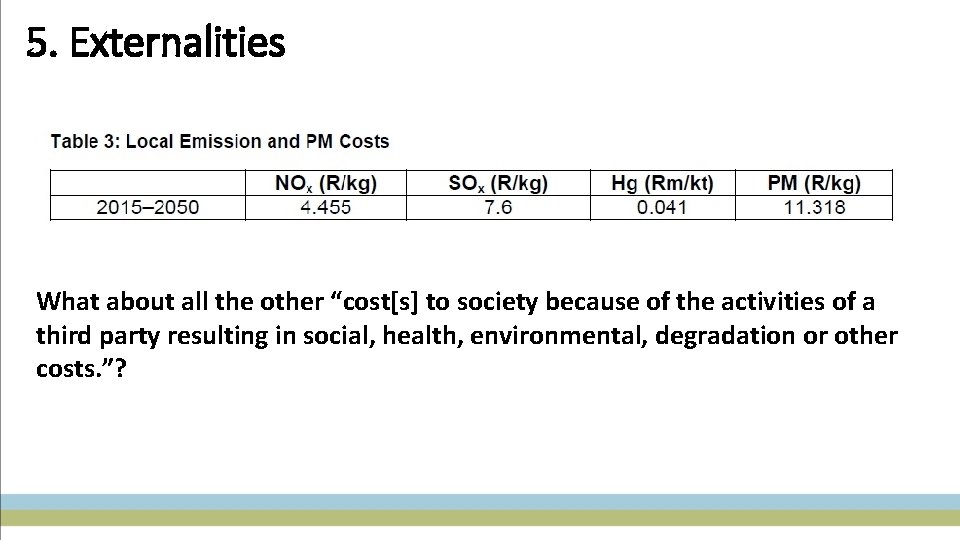 5. Externalities What about all the other “cost[s] to society because of the activities