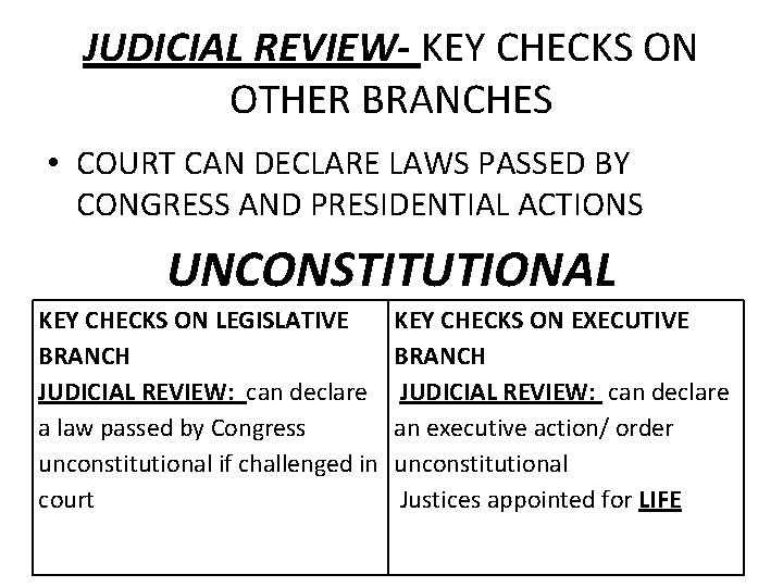 JUDICIAL REVIEW- KEY CHECKS ON OTHER BRANCHES • COURT CAN DECLARE LAWS PASSED BY