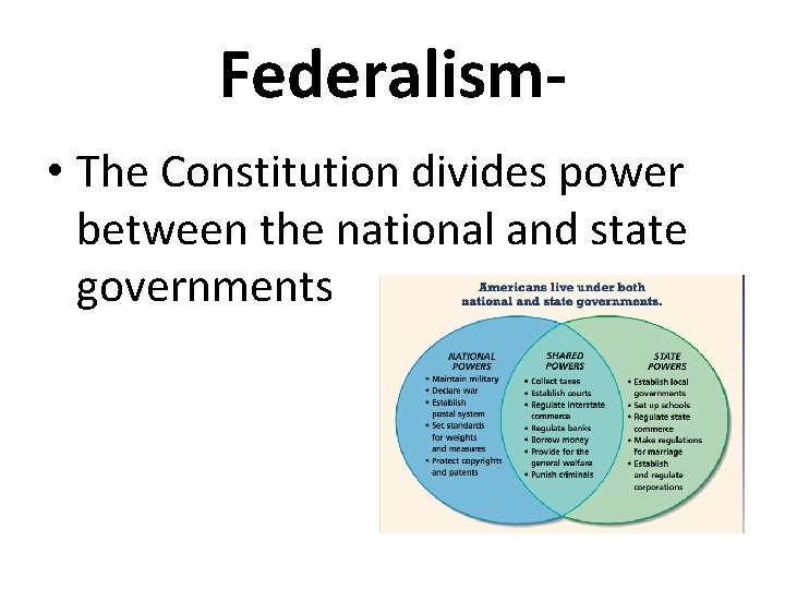 Federalism • The Constitution divides power between the national and state governments 