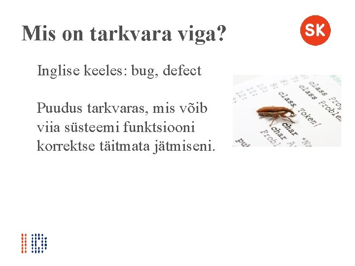 Mis on tarkvara viga? Inglise keeles: bug, defect Puudus tarkvaras, mis võib viia süsteemi