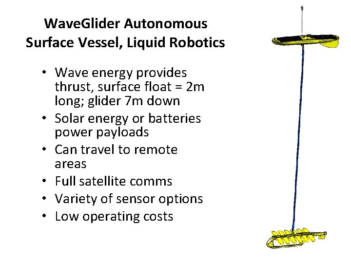 Wave. Glider Autonomous Surface Vessel, Liquid Robotics • Wave energy provides thrust, surface float