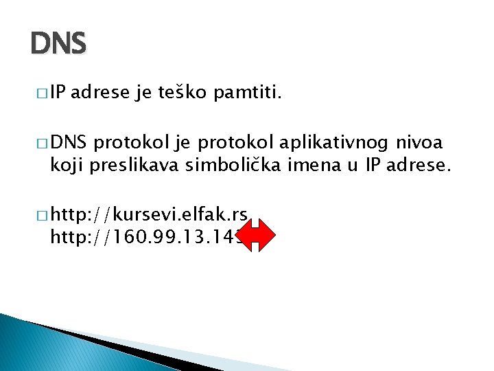 DNS � IP adrese je teško pamtiti. � DNS protokol je protokol aplikativnog nivoa