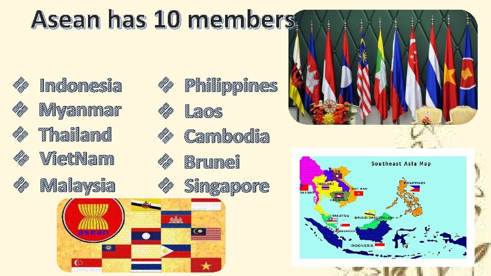 Asean has 10 members v v v Indonesia Myanmar Thailand Viet. Nam Malaysia v