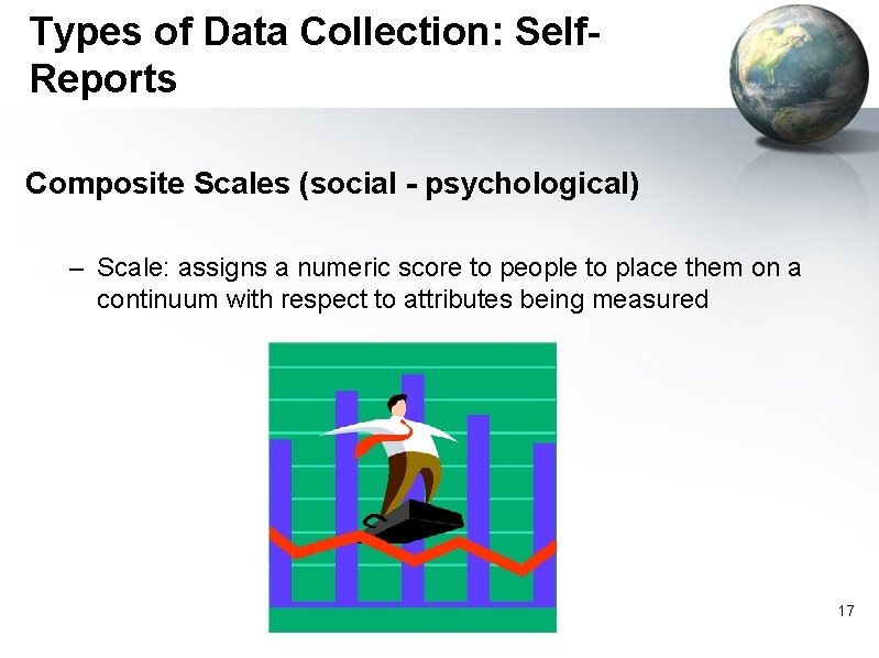 Types of Data Collection: Self. Reports Composite Scales (social - psychological) – Scale: assigns