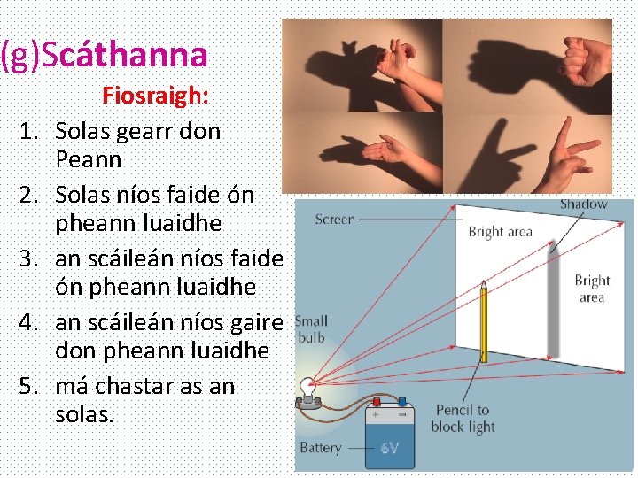 (g)Scáthanna 1. 2. 3. 4. 5. Fiosraigh: Solas gearr don Peann Solas níos faide