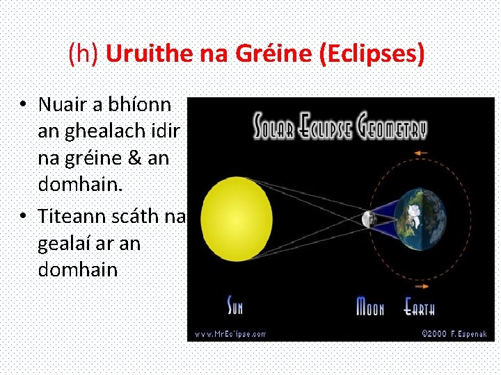(h) Uruithe na Gréine (Eclipses) • Nuair a bhíonn an ghealach idir na gréine