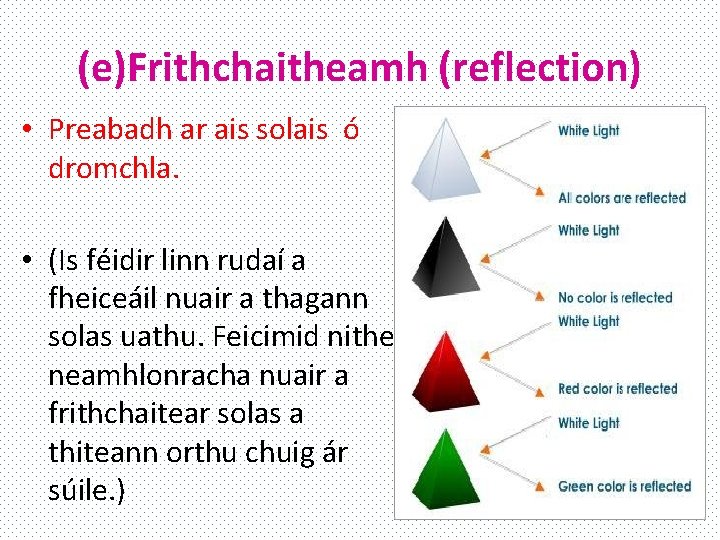 (e)Frithchaitheamh (reflection) • Preabadh ar ais solais ó dromchla. • (Is féidir linn rudaí