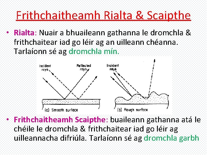 Frithchaitheamh Rialta & Scaipthe • Rialta: Nuair a bhuaileann gathanna le dromchla & frithchaitear