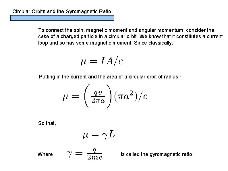 Circular Orbits and the Gyromagnetic Ratio To connect the spin, magnetic moment and angular