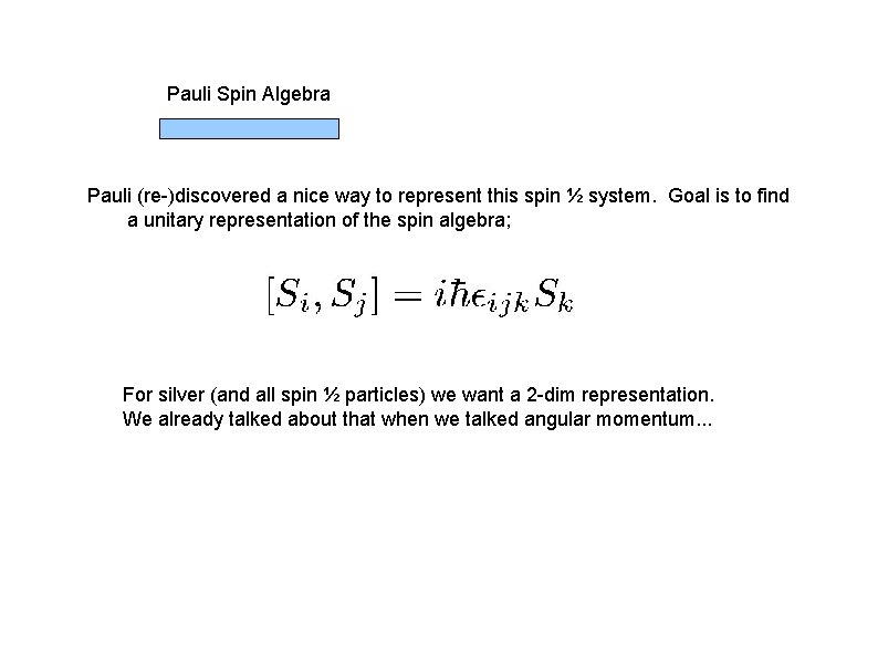 Pauli Spin Algebra Pauli (re-)discovered a nice way to represent this spin ½ system.