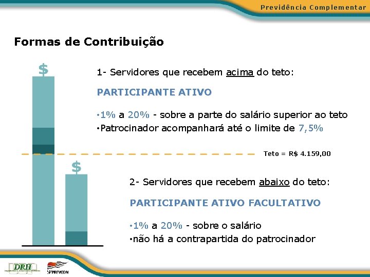 Previdência Complementar Formas de Contribuição 1 - Servidores que recebem acima do teto: PARTICIPANTE