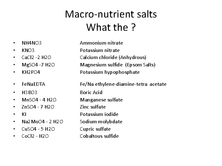 Macro-nutrient salts What the ? • • • NH 4 NO 3 KNO 3