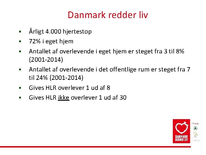 Danmark redder liv § § § Årligt 4. 000 hjertestop 72% i eget hjem