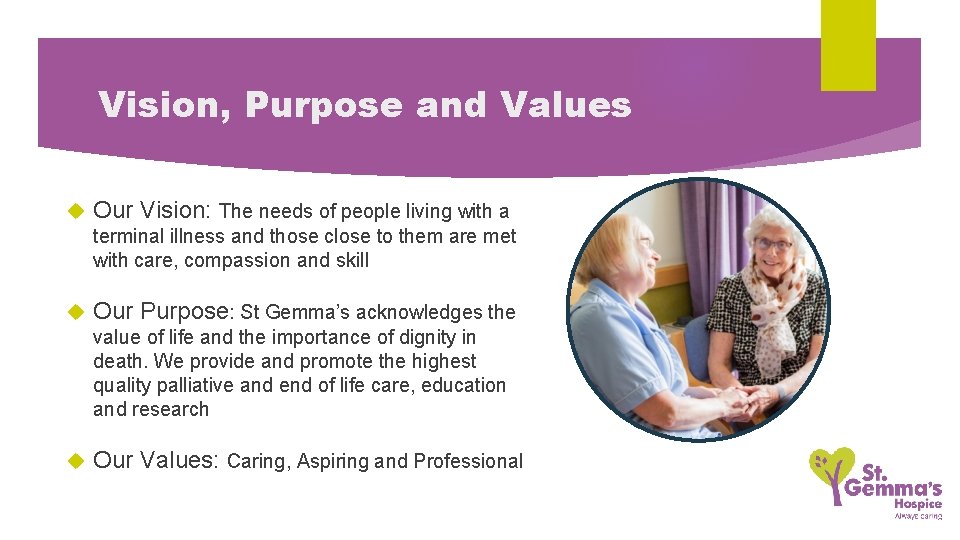 Vision, Purpose and Values Our Vision: The needs of people living with a terminal