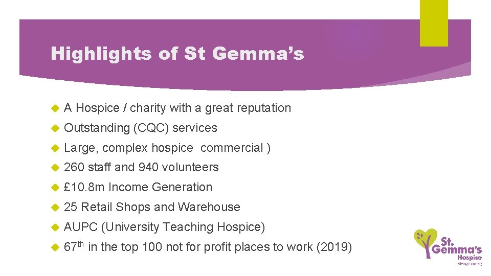 Highlights of St Gemma’s A Hospice / charity with a great reputation Outstanding (CQC)