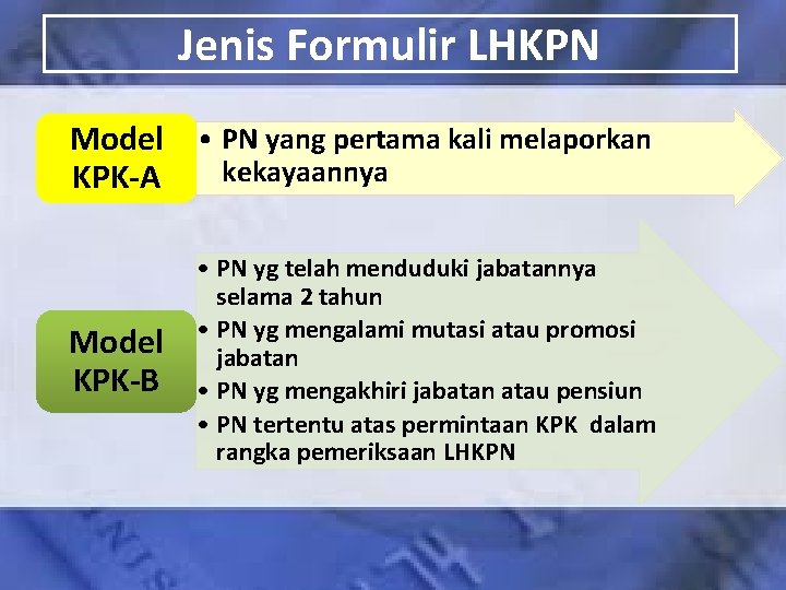 Jenis Formulir LHKPN Model • PN yang pertama kali melaporkan kekayaannya KPK-A Model KPK-B Jenis Formulir LHKPN Model • PN yang pertama kali melaporkan kekayaannya KPK-A Model KPK-B