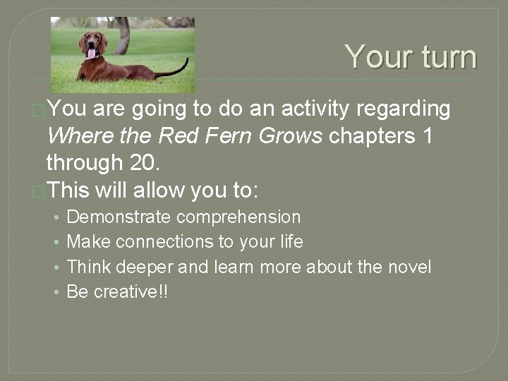 Your turn �You are going to do an activity regarding Where the Red Fern