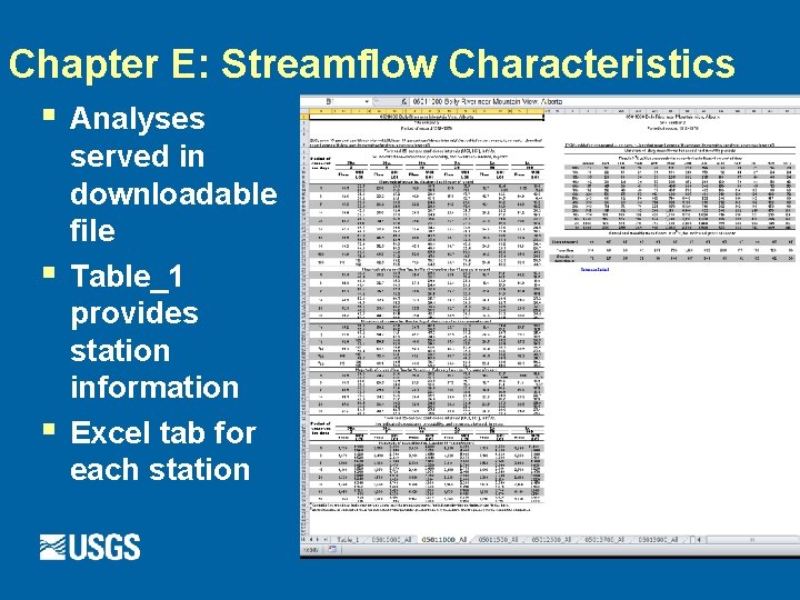 Chapter E: Streamflow Characteristics § Analyses § § served in downloadable file Table_1 provides
