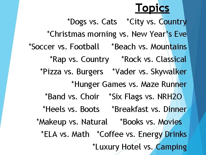Topics *Dogs vs. Cats *City vs. Country *Christmas morning vs. New Year’s Eve *Soccer