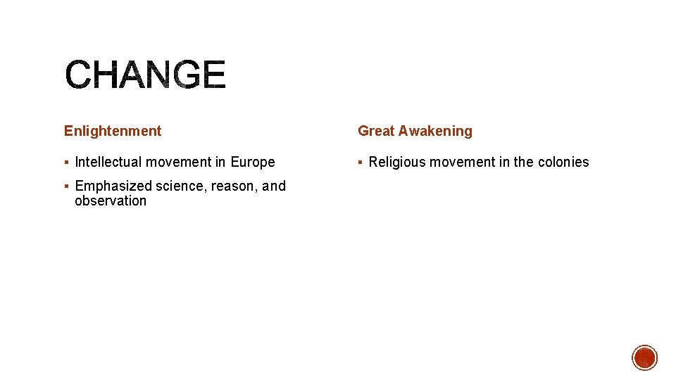 Enlightenment Great Awakening § Intellectual movement in Europe § Religious movement in the colonies