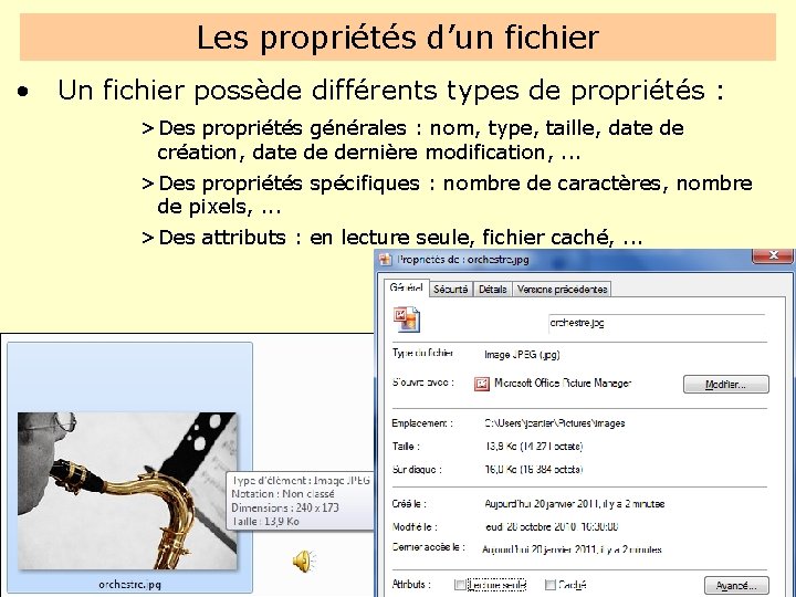 Les propriétés d’un fichier • Un fichier possède différents types de propriétés : >