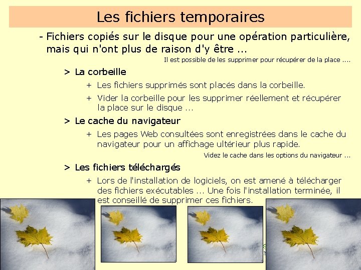 Les fichiers temporaires - Fichiers copiés sur le disque pour une opération particulière, mais