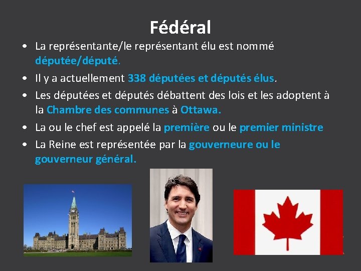 Fédéral • La représentante/le représentant élu est nommé députée/député. • Il y a actuellement